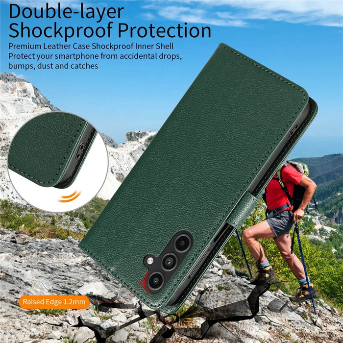 For Samsung Galaxy A55 5G Leather Case Litchi Texture RFID Blocking Wallet Stand Phone Cover - Green - 4