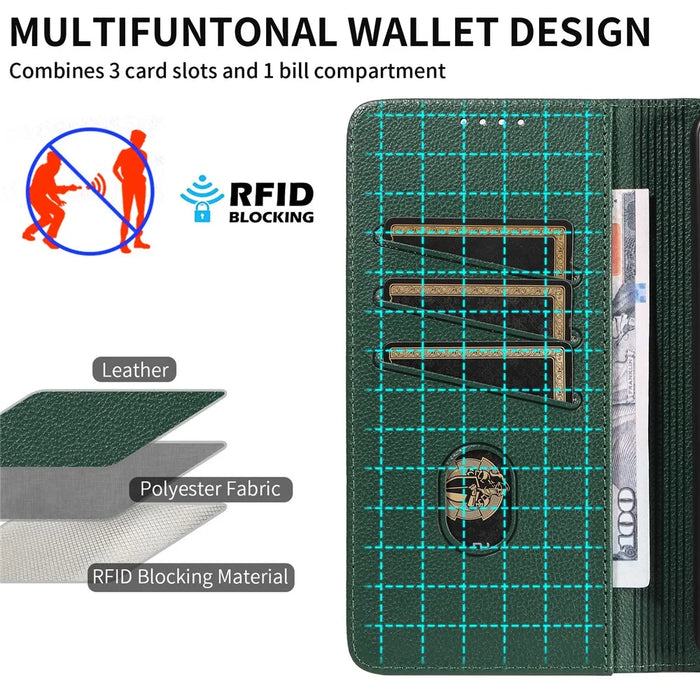 For Samsung Galaxy A55 5G Leather Case Litchi Texture RFID Blocking Wallet Stand Phone Cover - Green - 6