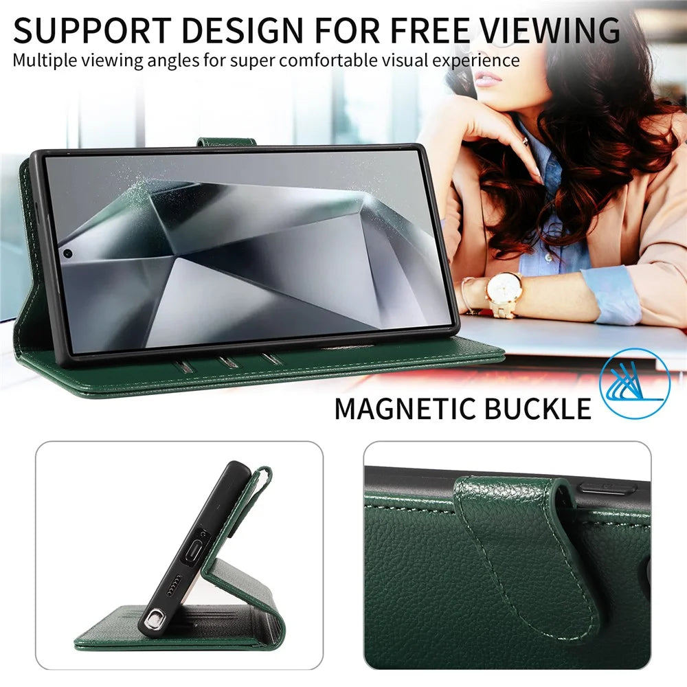 For Samsung Galaxy S24 Ultra Leather Case Litchi Texture RFID Blocking Wallet Stand Phone Cover - Green - 3