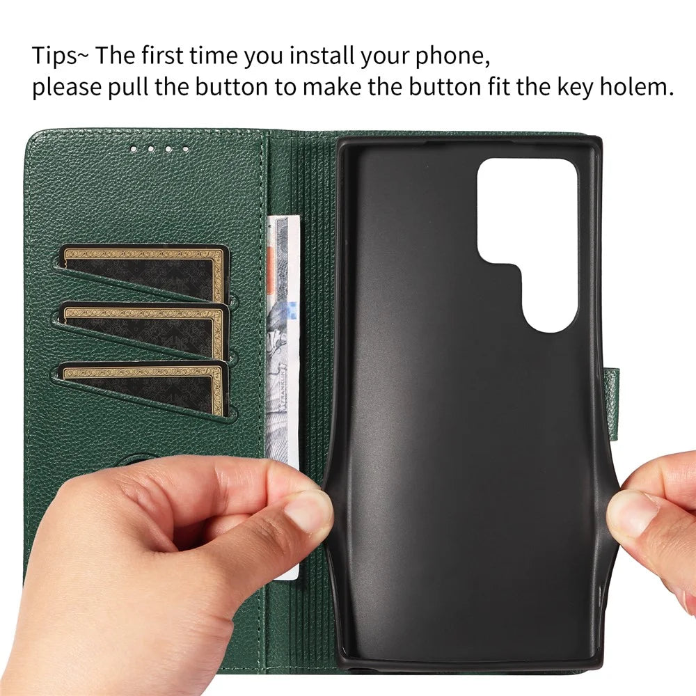 For Samsung Galaxy S24 Ultra Leather Case Litchi Texture RFID Blocking Wallet Stand Phone Cover - Green - 4