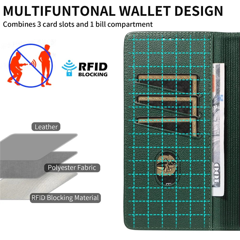 For Samsung Galaxy S24 Ultra Leather Case Litchi Texture RFID Blocking Wallet Stand Phone Cover - Green - 5