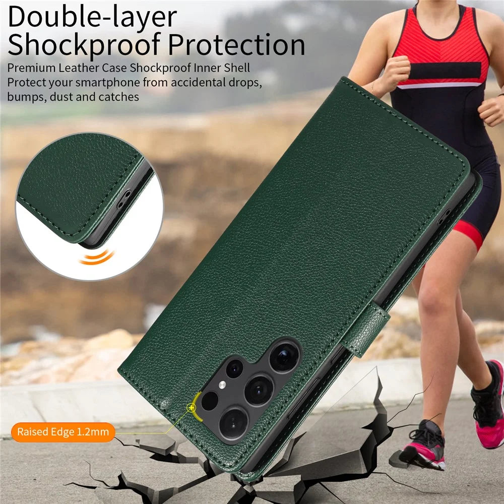 For Samsung Galaxy S24 Ultra Leather Case Litchi Texture RFID Blocking Wallet Stand Phone Cover - Green - 6