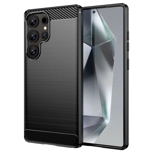 For Samsung Galaxy S25 Ultra Case Carbon Fiber Texture TPU Brushed Phone Cover - Black - 1