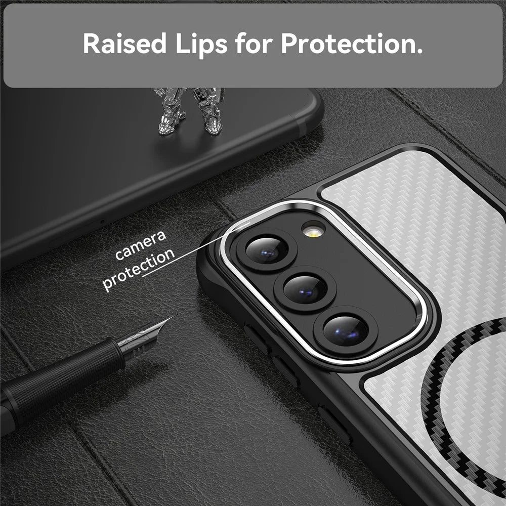 For Samsung Galaxy S23 Case TPU+PC Carbon Fiber Phone Cover Magnetic Case - Black - 6