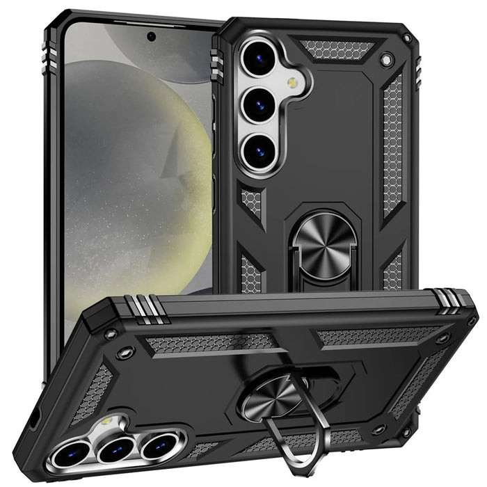 For Samsung Galaxy S25 Case PC+TPU Phone Cover with Rotary Ring Kickstand - Black - 1