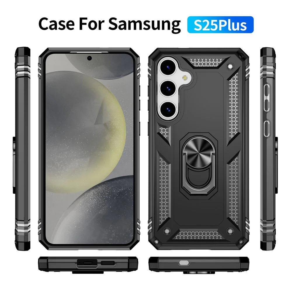 For Samsung Galaxy S25+ Case PC+TPU Phone Cover with Rotary Ring Kickstand - Black - 7