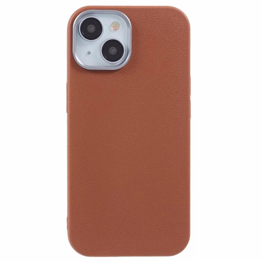 For iPhone 13 Case Electroplating Lens Frame Textured TPU Shockproof Phone Cover - Brown - 3