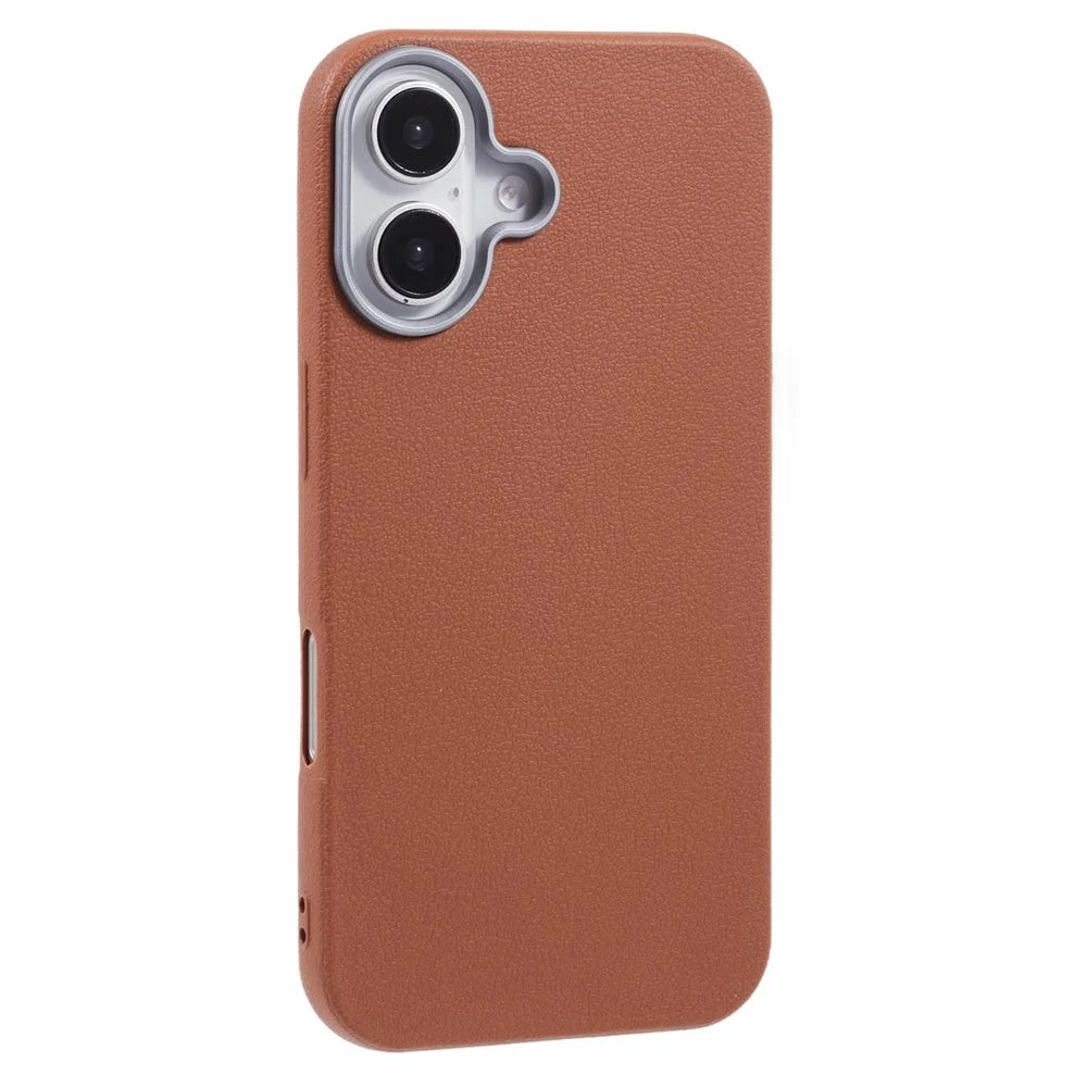For iPhone 16 Case Electroplating Lens Frame Textured TPU Shockproof Phone Cover - Brown - 1