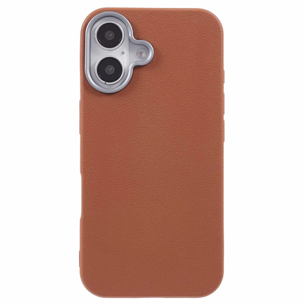For iPhone 16 Case Electroplating Lens Frame Textured TPU Shockproof Phone Cover - Brown - 3