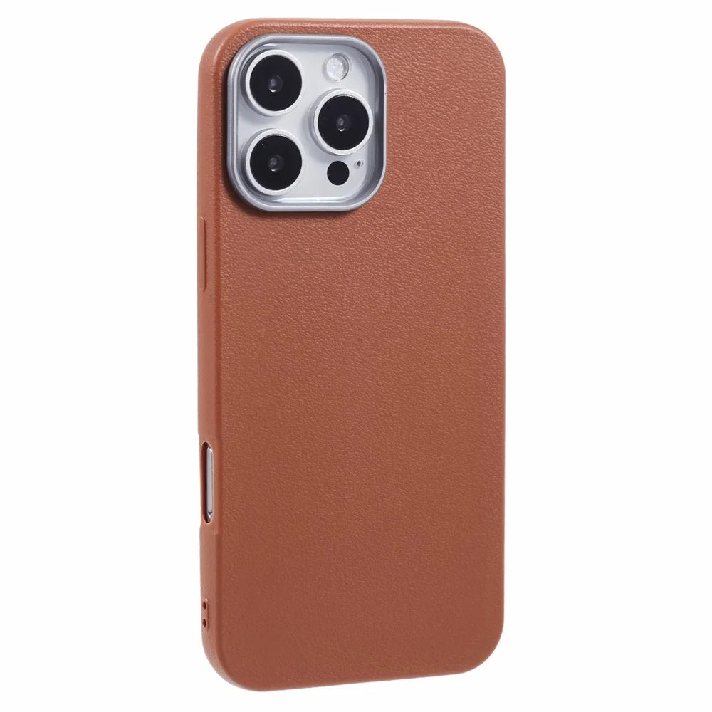 For iPhone 16 Pro Case Electroplating Lens Frame Textured TPU Shockproof Phone Cover - Brown - 1
