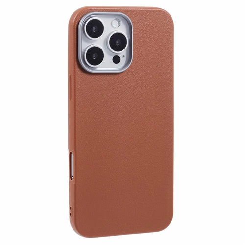 For iPhone 16 Pro Case Electroplating Lens Frame Textured TPU Shockproof Phone Cover - Brown - 1