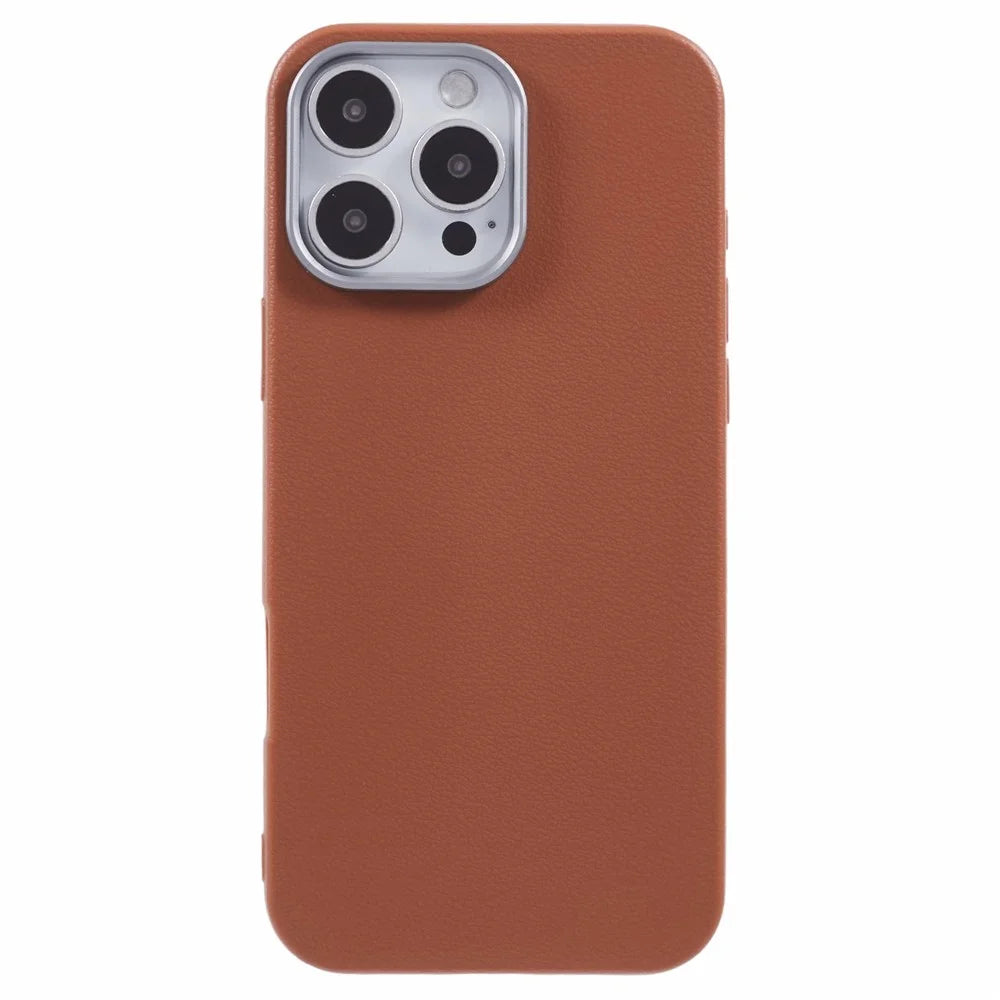 For iPhone 16 Pro Case Electroplating Lens Frame Textured TPU Shockproof Phone Cover - Brown - 3
