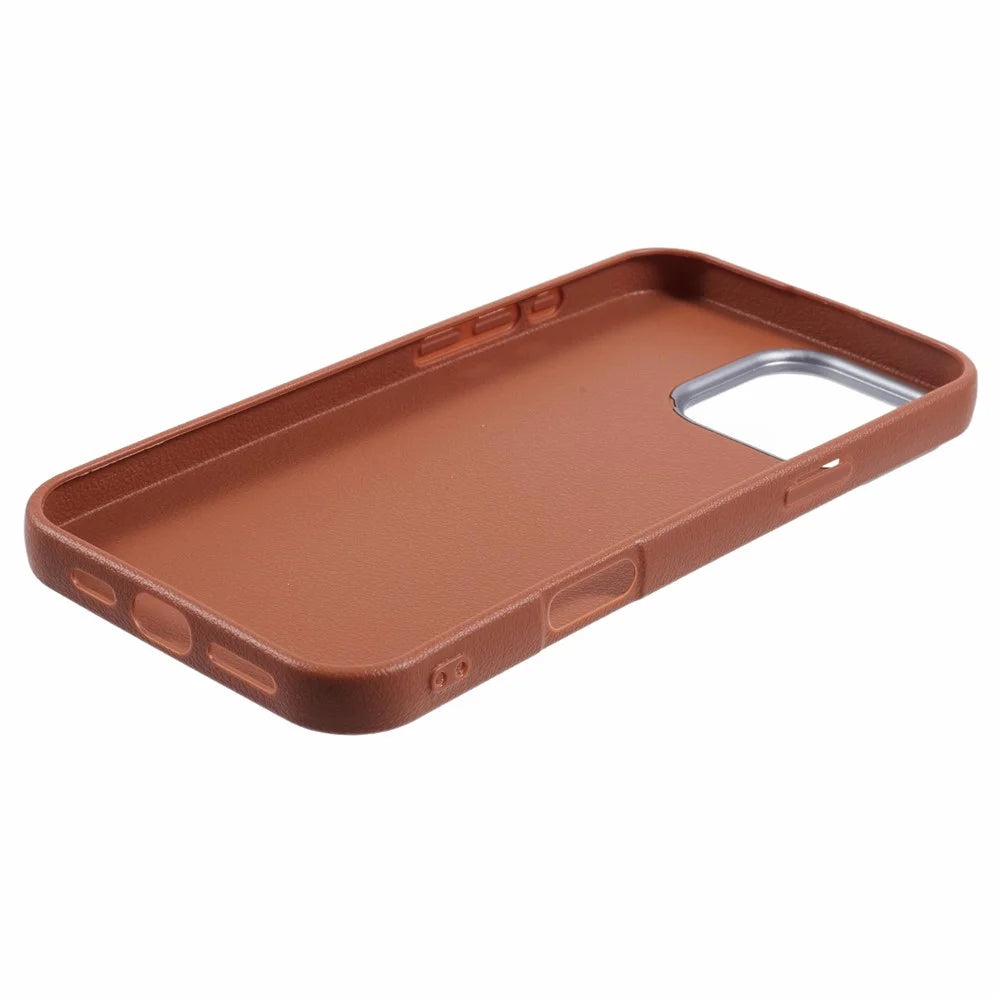 For iPhone 16 Pro Case Electroplating Lens Frame Textured TPU Shockproof Phone Cover - Brown - 4