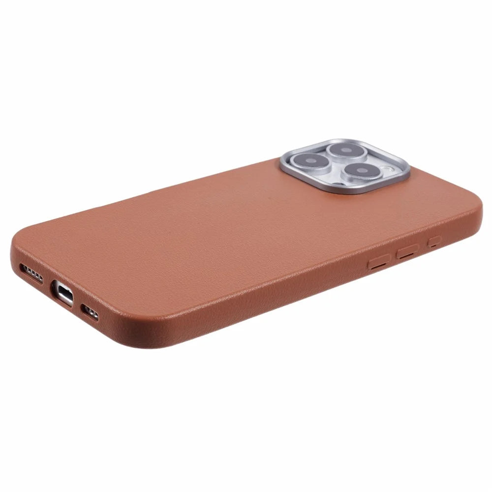 For iPhone 16 Pro Case Electroplating Lens Frame Textured TPU Shockproof Phone Cover - Brown - 5