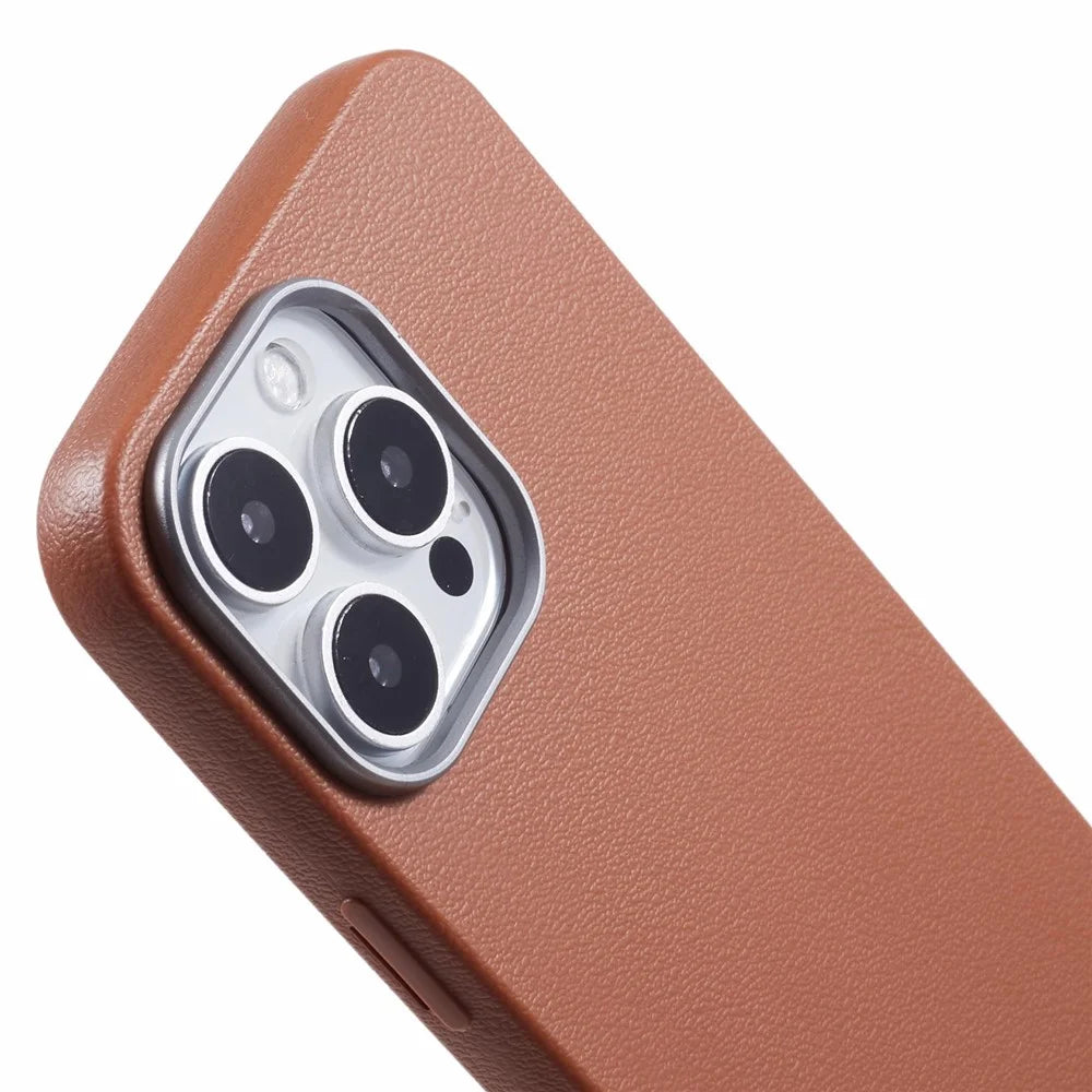 For iPhone 16 Pro Case Electroplating Lens Frame Textured TPU Shockproof Phone Cover - Brown - 6