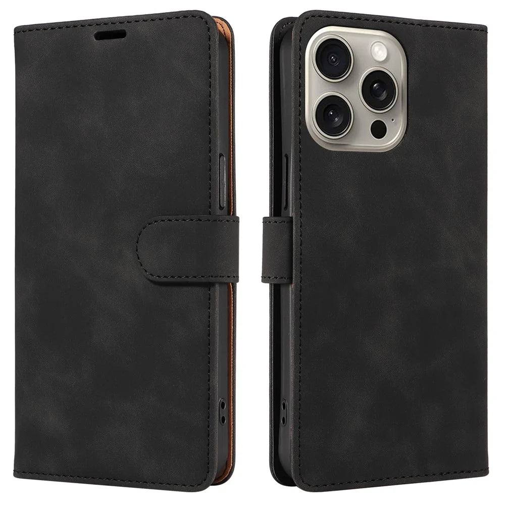 For iPhone 13 Pro Max Case RFID Blocking Wallet Stand Leather Flip Phone Cover with Slim Strap - Black - 1