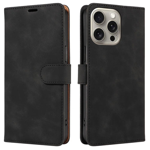For iPhone 13 Pro Max Case RFID Blocking Wallet Stand Leather Flip Phone Cover with Slim Strap - Black - 1