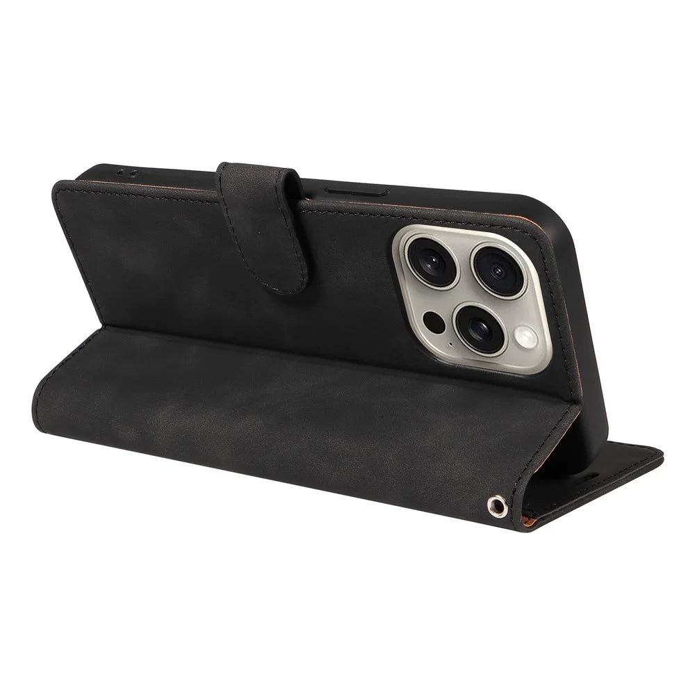 For iPhone 13 Pro Max Case RFID Blocking Wallet Stand Leather Flip Phone Cover with Slim Strap - Black - 4