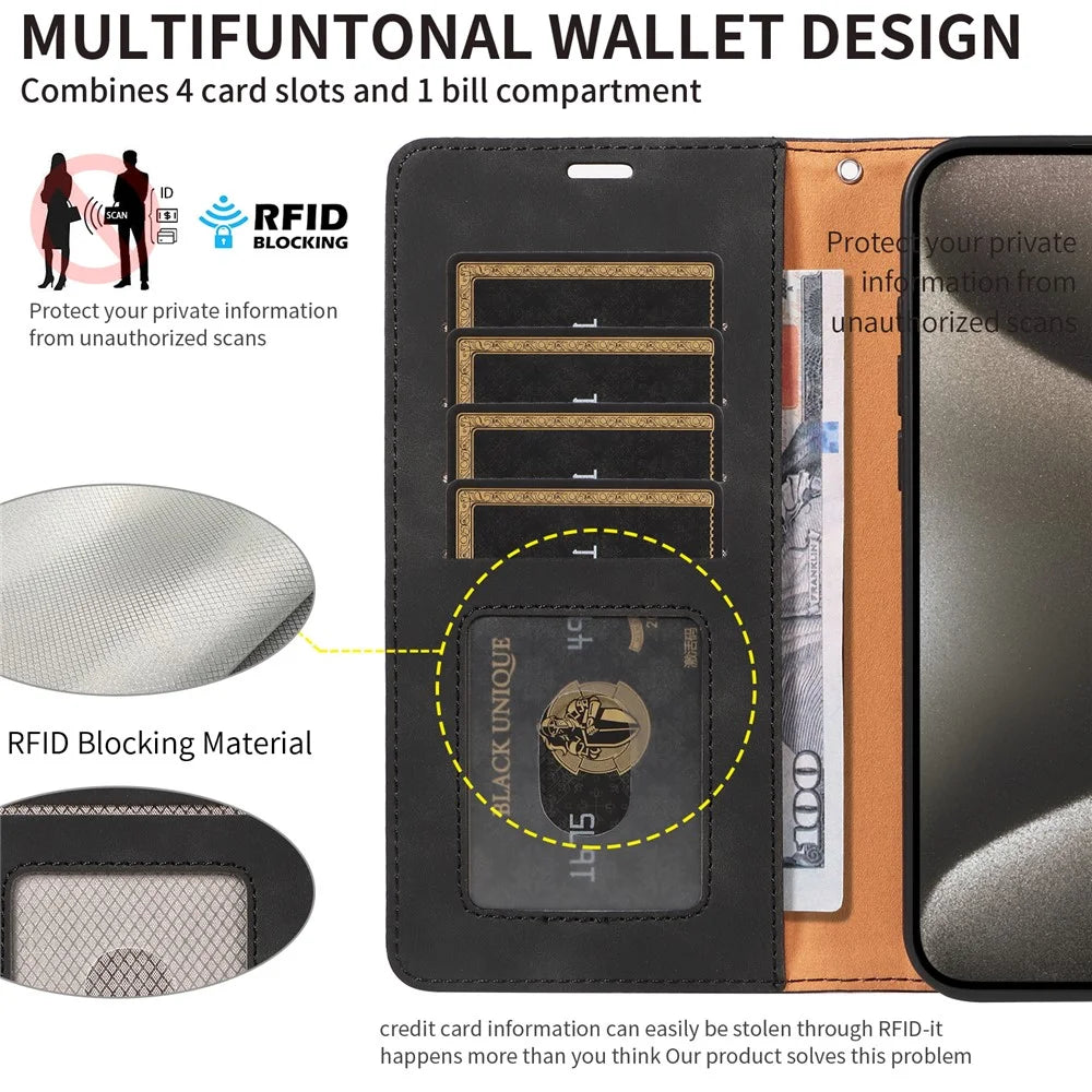 For iPhone 13 Pro Max Case RFID Blocking Wallet Stand Leather Flip Phone Cover with Slim Strap - Black - 6