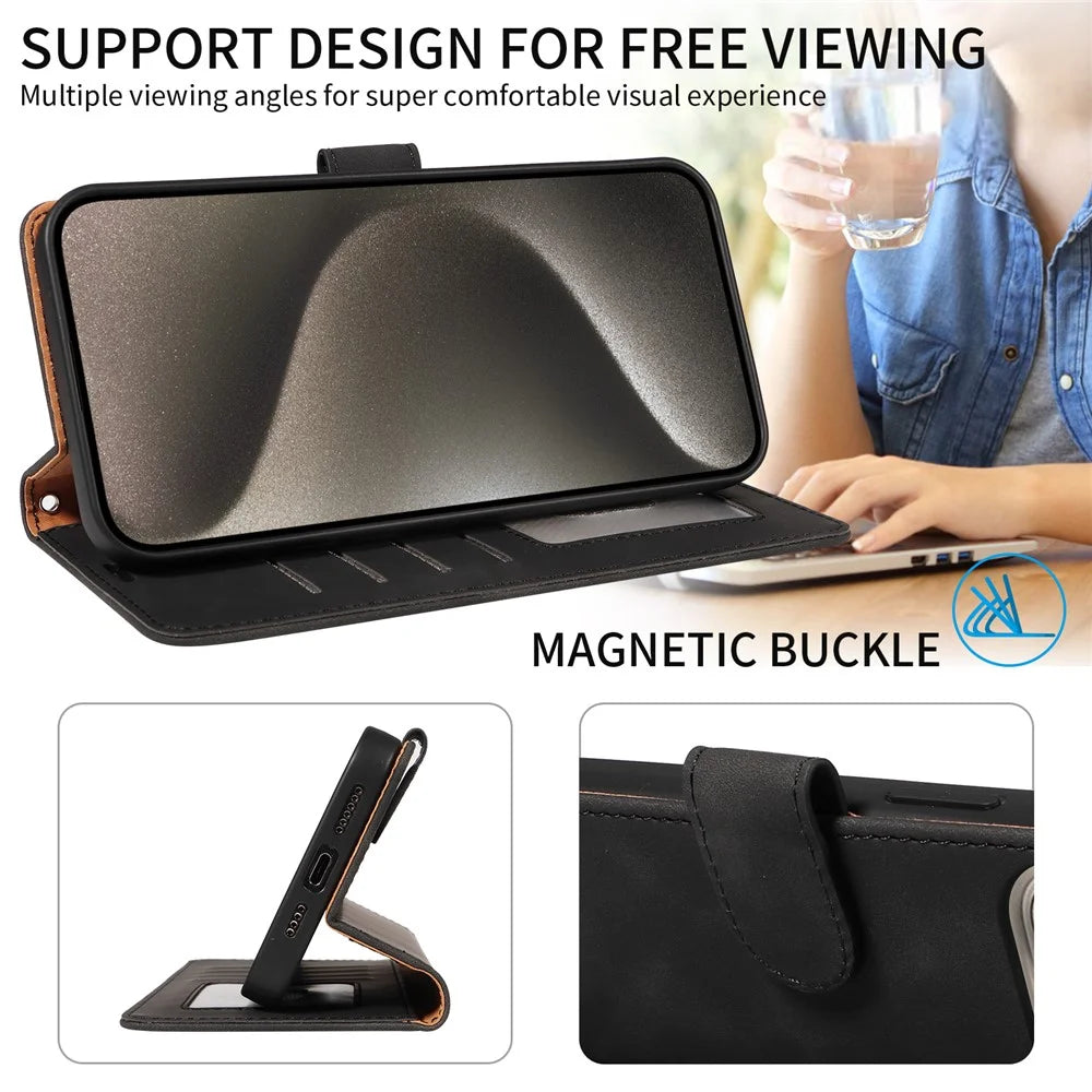 For iPhone 13 Pro Max Case RFID Blocking Wallet Stand Leather Flip Phone Cover with Slim Strap - Black - 7