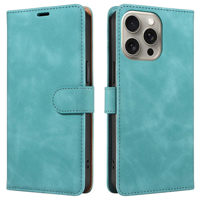 For iPhone 13 Pro Case RFID Blocking Wallet Stand Leather Flip Phone Cover with Slim Strap - Green - 1