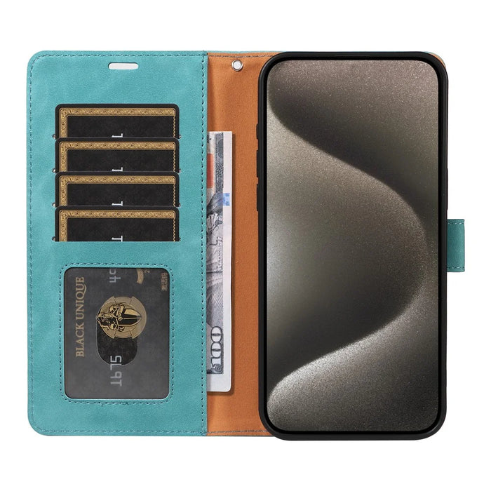For iPhone 13 Pro Case RFID Blocking Wallet Stand Leather Flip Phone Cover with Slim Strap - Green - 2