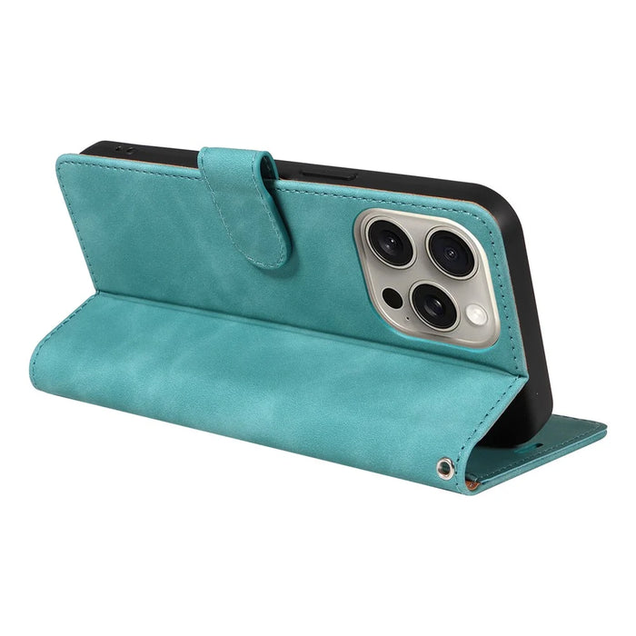 For iPhone 13 Pro Case RFID Blocking Wallet Stand Leather Flip Phone Cover with Slim Strap - Green - 4