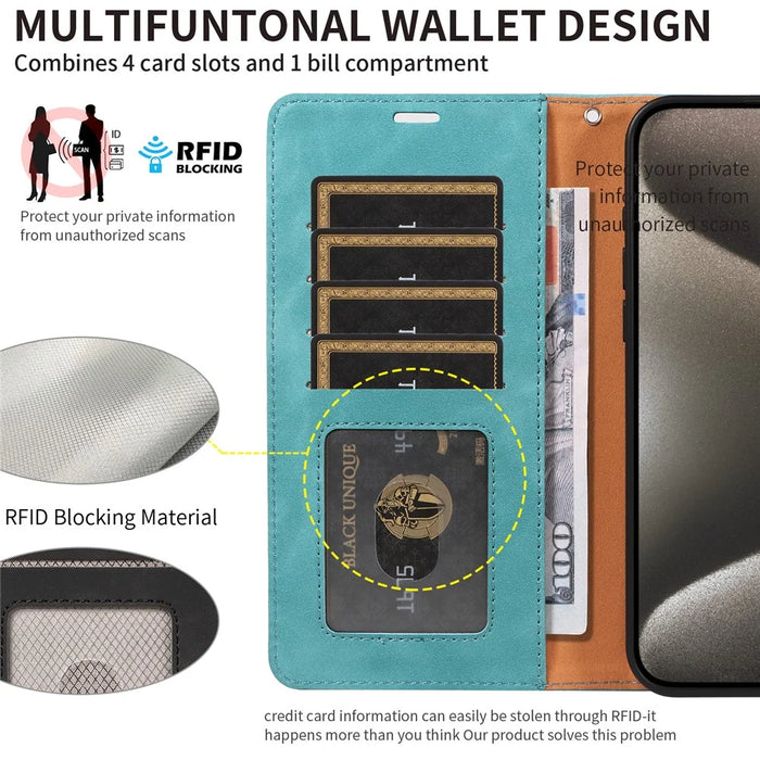 For iPhone 13 Pro Case RFID Blocking Wallet Stand Leather Flip Phone Cover with Slim Strap - Green - 6