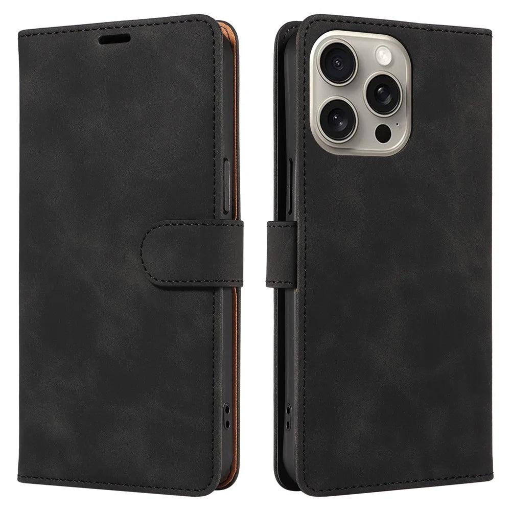 For iPhone 14 Pro Max Case RFID Blocking Wallet Stand Leather Flip Phone Cover with Slim Strap - Black - 1