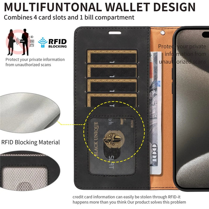 For iPhone 14 Pro Max Case RFID Blocking Wallet Stand Leather Flip Phone Cover with Slim Strap - Black - 5