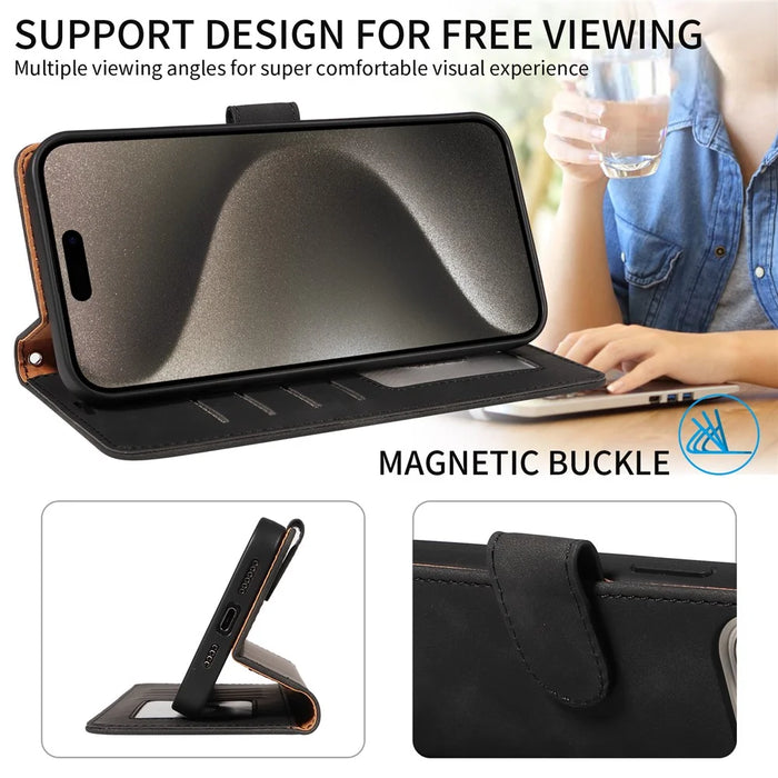 For iPhone 14 Pro Max Case RFID Blocking Wallet Stand Leather Flip Phone Cover with Slim Strap - Black - 6