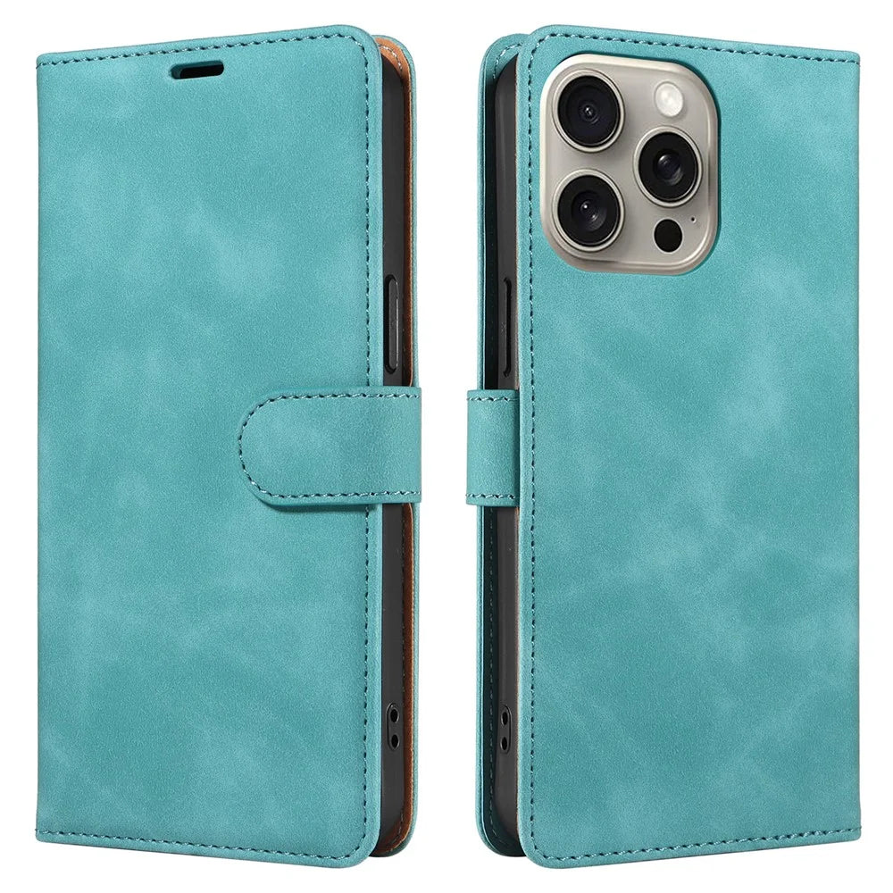 For iPhone 14 Pro Case RFID Blocking Wallet Stand Leather Flip Phone Cover with Slim Strap - Green - 1
