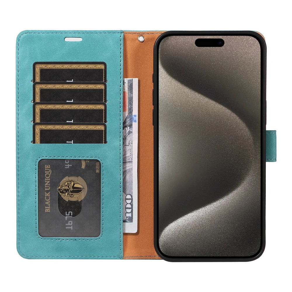 For iPhone 14 Pro Case RFID Blocking Wallet Stand Leather Flip Phone Cover with Slim Strap - Green - 2