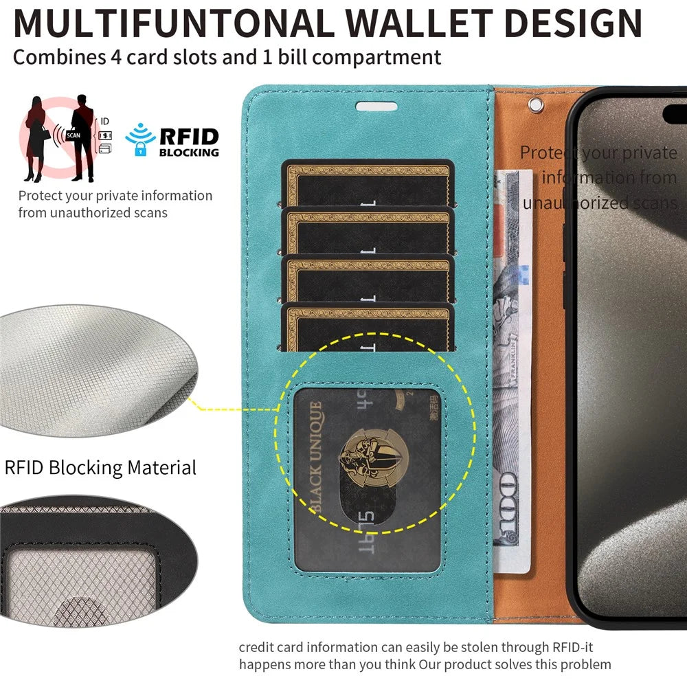 For iPhone 14 Pro Case RFID Blocking Wallet Stand Leather Flip Phone Cover with Slim Strap - Green - 5