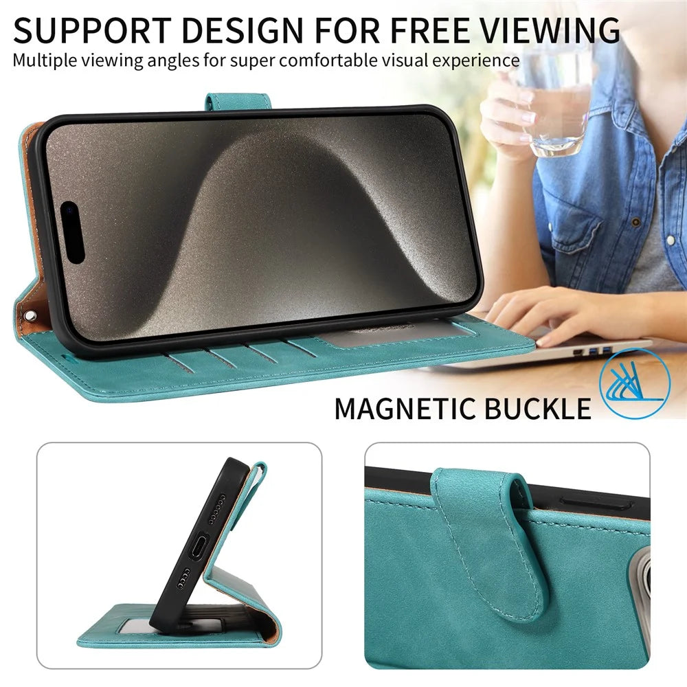 For iPhone 14 Pro Case RFID Blocking Wallet Stand Leather Flip Phone Cover with Slim Strap - Green - 6