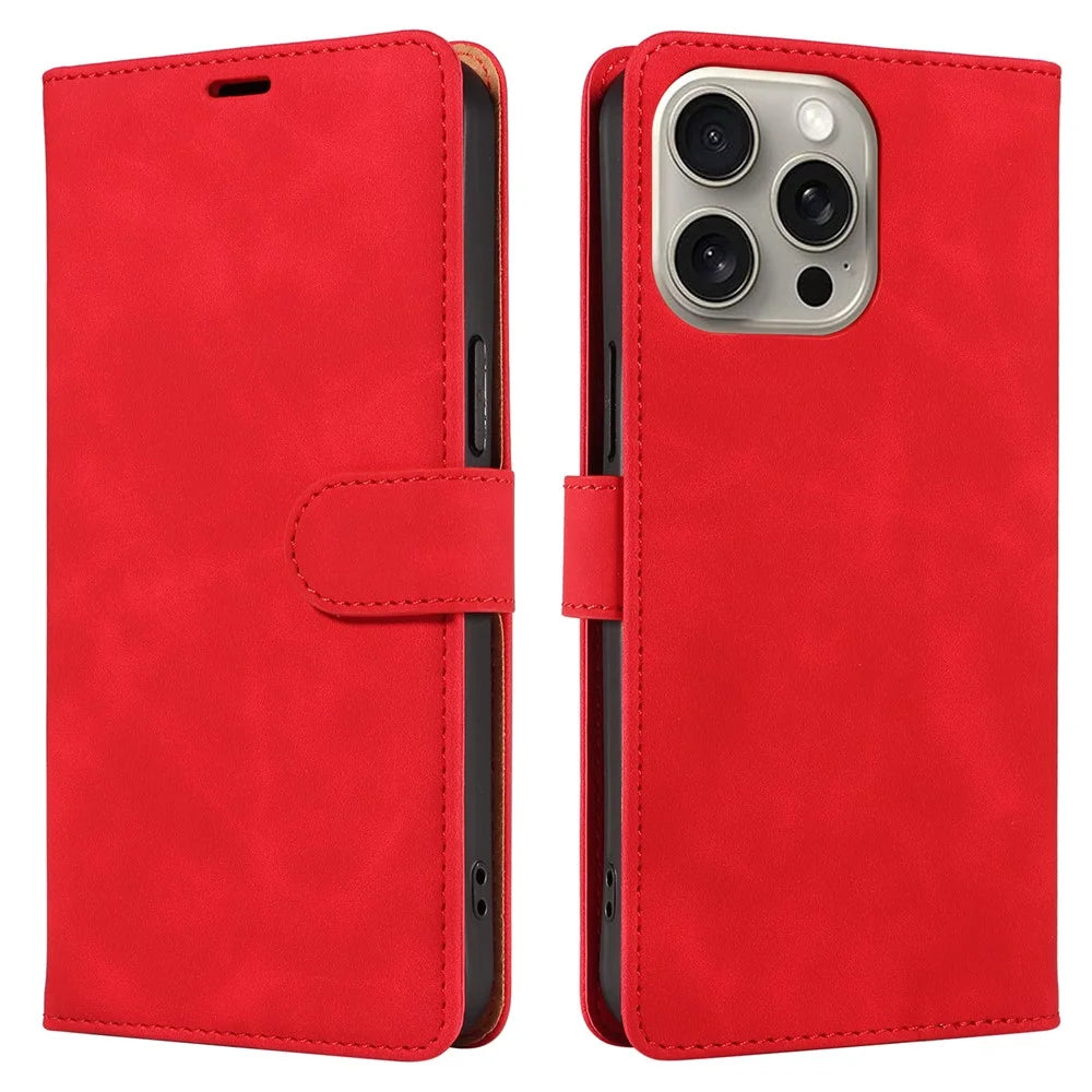 For iPhone 16 Pro Case RFID Blocking Wallet Stand Leather Flip Phone Cover with Slim Strap - Red - 1