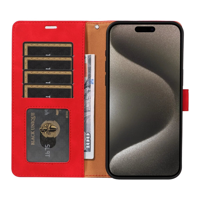 For iPhone 16 Pro Case RFID Blocking Wallet Stand Leather Flip Phone Cover with Slim Strap - Red - 2
