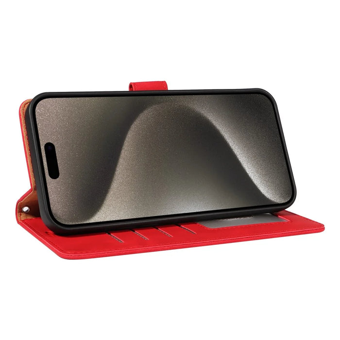 For iPhone 16 Pro Case RFID Blocking Wallet Stand Leather Flip Phone Cover with Slim Strap - Red - 3