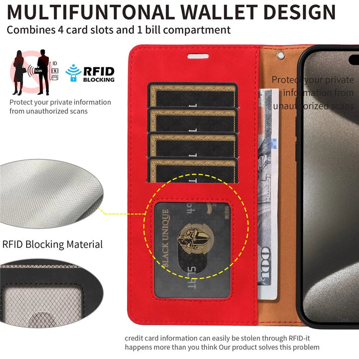 For iPhone 16 Pro Case RFID Blocking Wallet Stand Leather Flip Phone Cover with Slim Strap - Red - 5