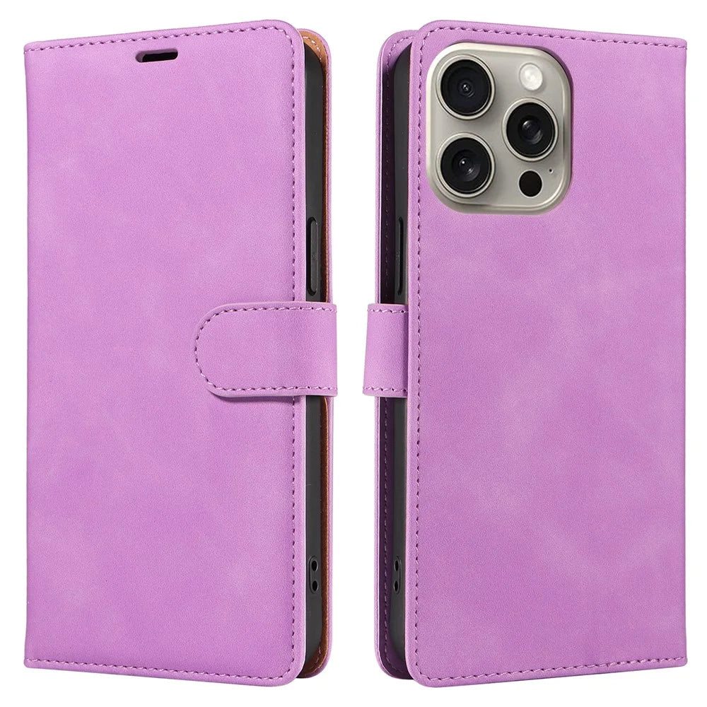 For iPhone 15 Pro Case RFID Blocking Wallet Stand Leather Flip Phone Cover with Slim Strap - Purple - 1