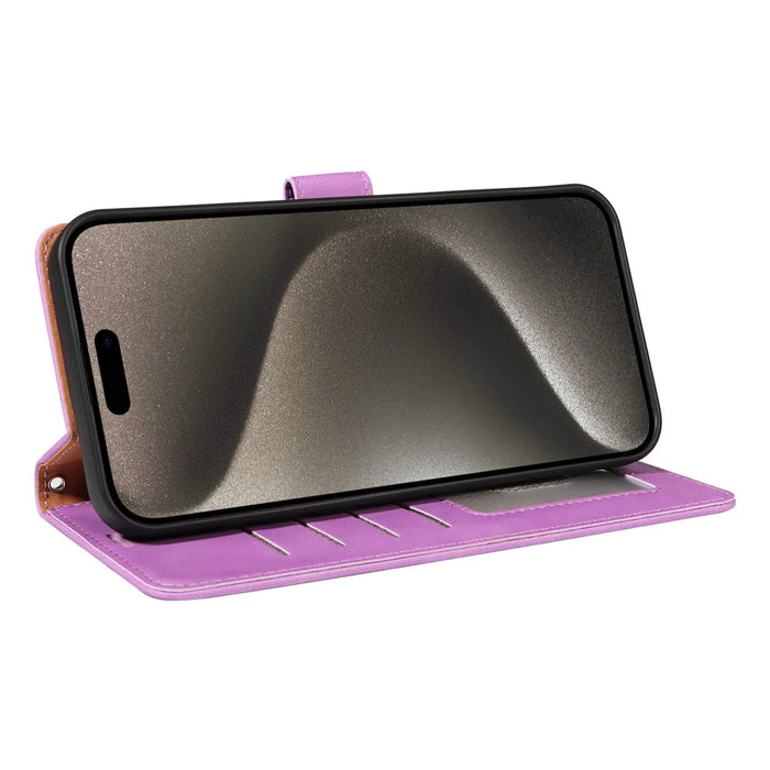 For iPhone 15 Pro Case RFID Blocking Wallet Stand Leather Flip Phone Cover with Slim Strap - Purple - 3