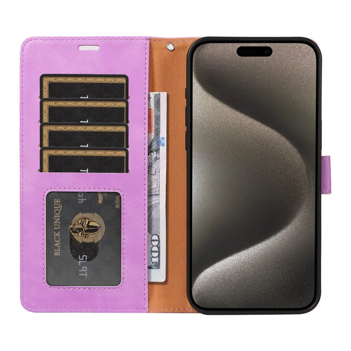 For iPhone 15 Pro Max Case RFID Blocking Wallet Stand Leather Flip Phone Cover with Slim Strap - Purple - 2
