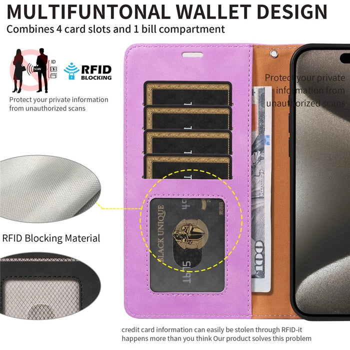 For iPhone 15 Pro Max Case RFID Blocking Wallet Stand Leather Flip Phone Cover with Slim Strap - Purple - 5