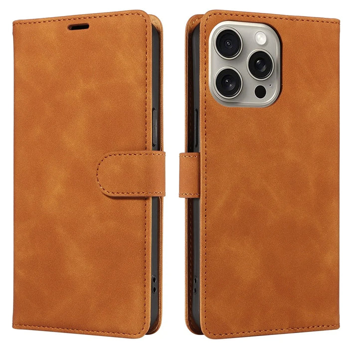 For iPhone 16 Pro Max Case RFID Blocking Wallet Stand Leather Flip Phone Cover with Slim Strap - Brown - 1