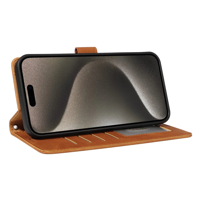 For iPhone 16 Pro Max Case RFID Blocking Wallet Stand Leather Flip Phone Cover with Slim Strap - Brown - 3
