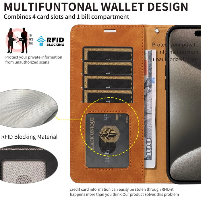 For iPhone 16 Pro Max Case RFID Blocking Wallet Stand Leather Flip Phone Cover with Slim Strap - Brown - 5