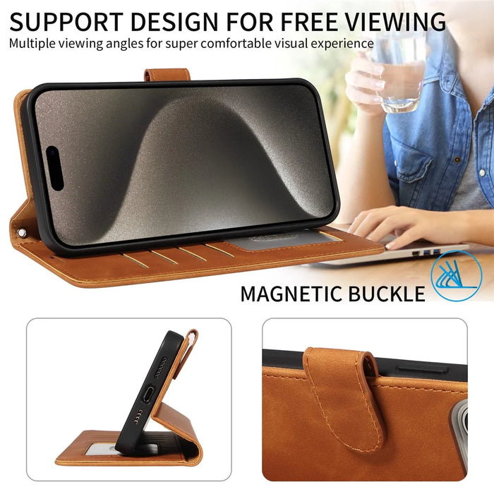 For iPhone 16 Pro Max Case RFID Blocking Wallet Stand Leather Flip Phone Cover with Slim Strap - Brown - 6