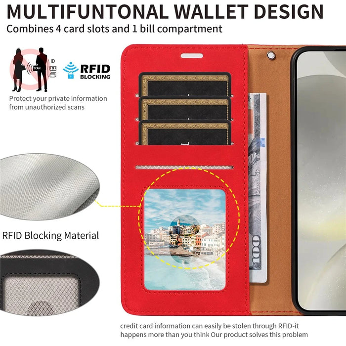 For Samsung Galaxy S24+ Case RFID Blocking Wallet Stand Leather Flip Phone Cover with Slim Strap - Red - 7