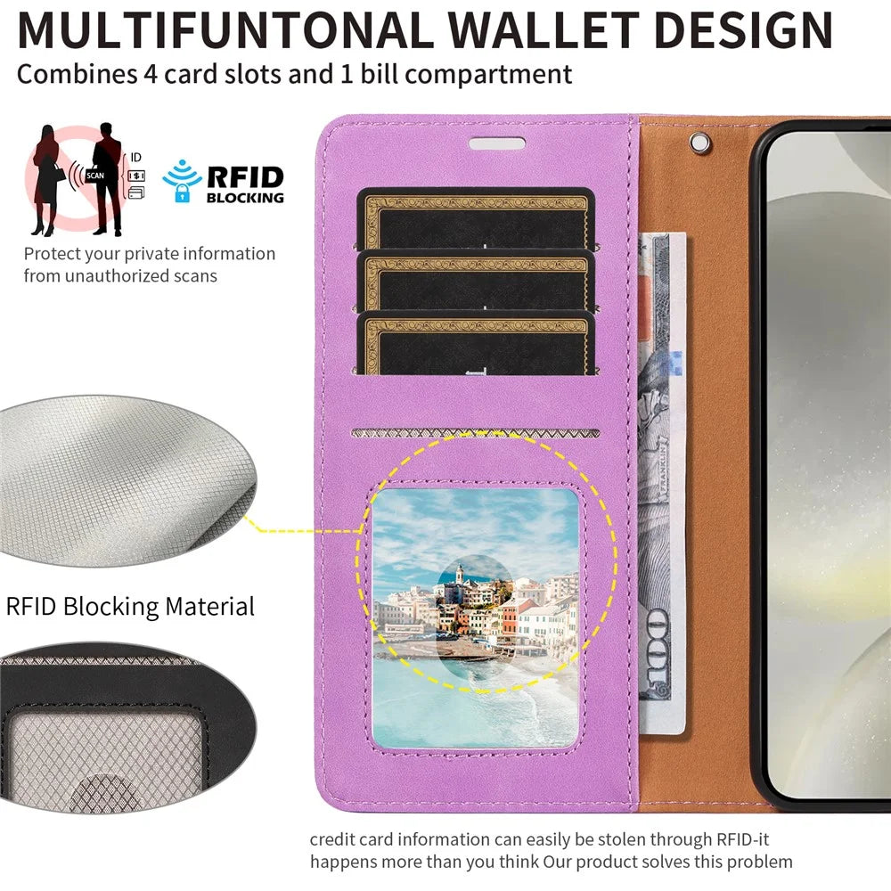 For Samsung Galaxy S24 FE Case RFID Blocking Wallet Stand Leather Flip Phone Cover with Slim Strap - Purple - 7