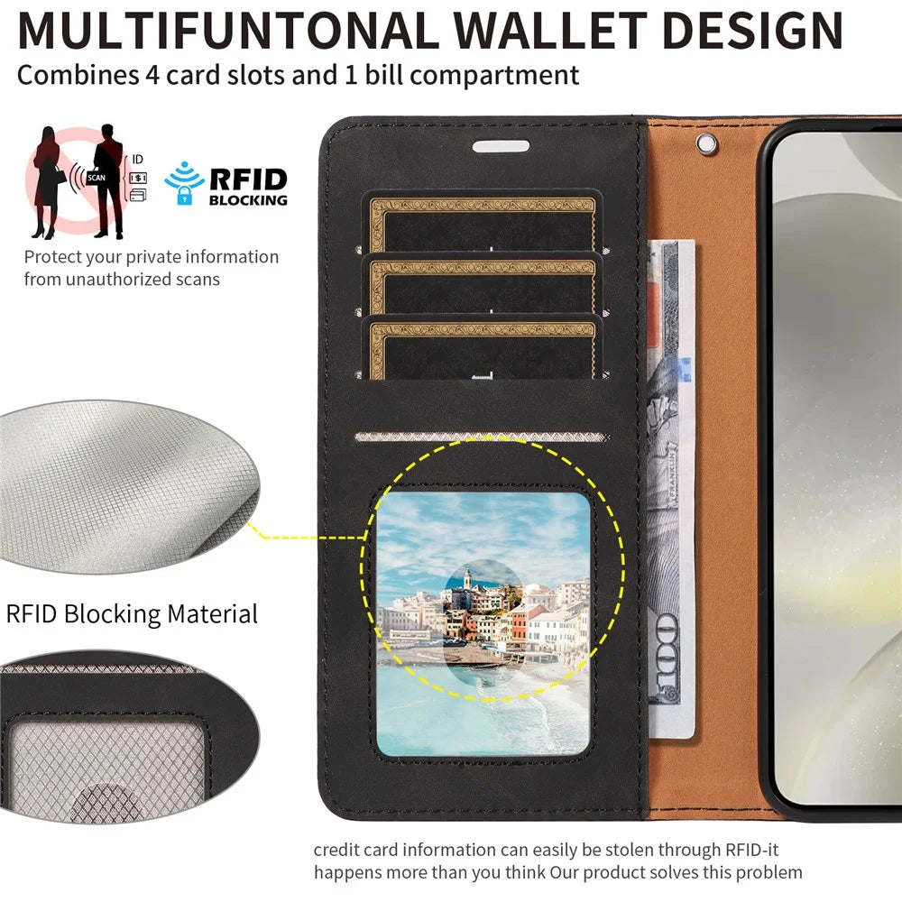 For Samsung Galaxy S23 FE Case RFID Blocking Wallet Stand Leather Flip Phone Cover with Slim Strap - Black - 7